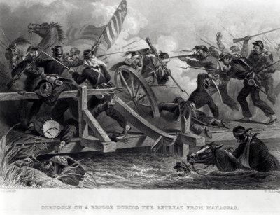 Strijd op een brug tijdens de terugtocht van Manassas, juli 1861, gegraveerd door W. Ridgway, 1862 door Felix Octavius Carr Darley